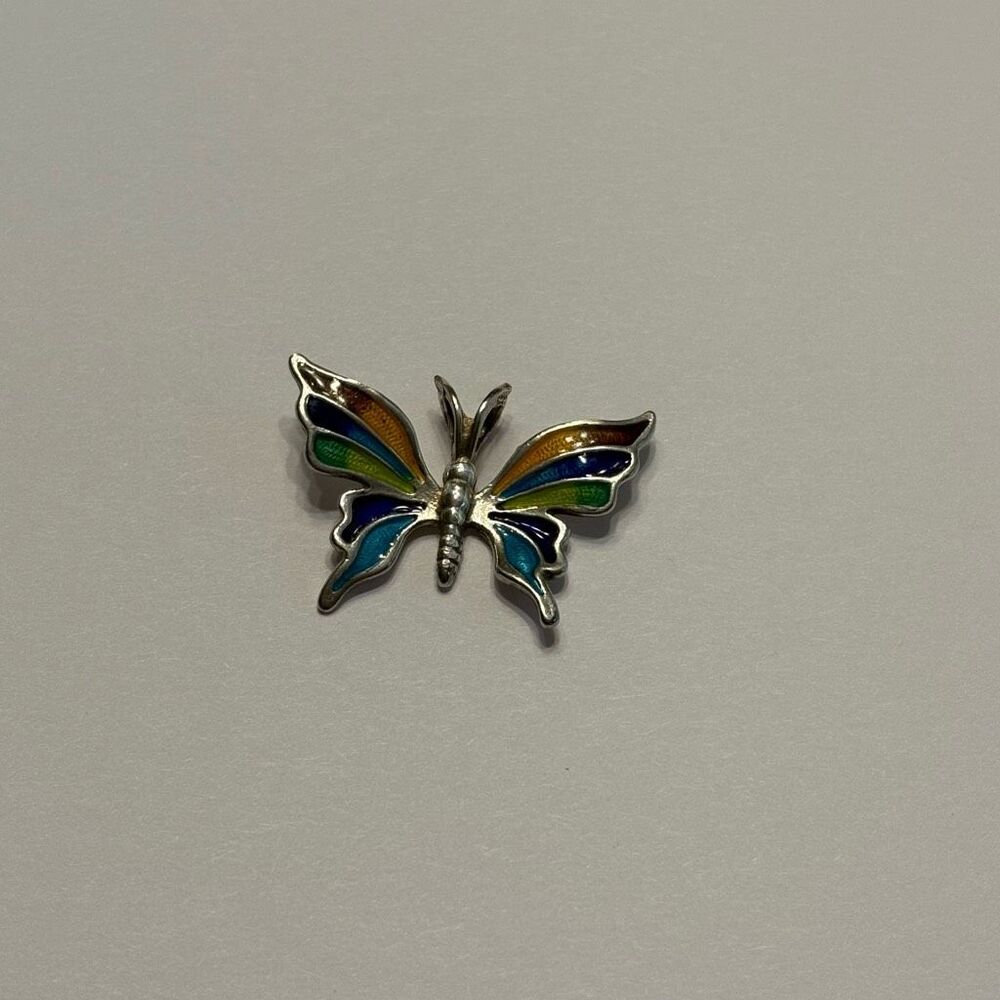 Butterfly Necklace Pendant Silver Orange Green Blue - Picture 3 of 6